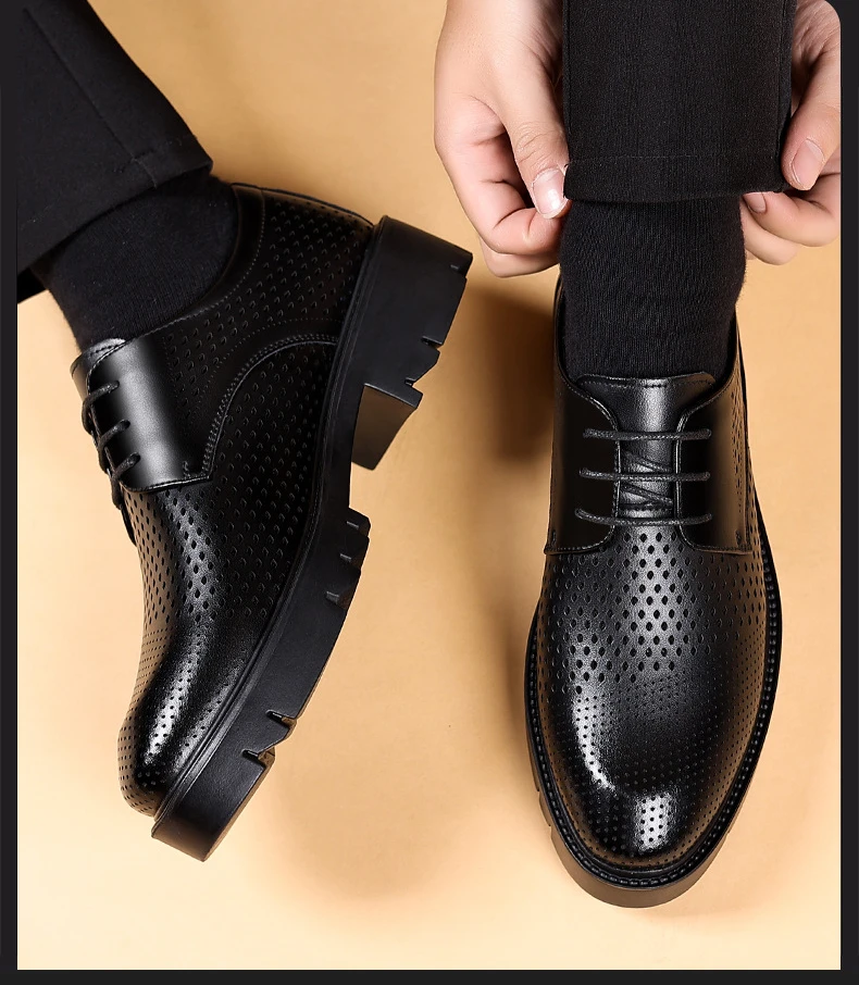 Spring Summer Increase Platform Shoes for Men Fashion Casual Black Dress Shoes Man Fashion Hallow Breathable Leather Shoe Male - Image 26