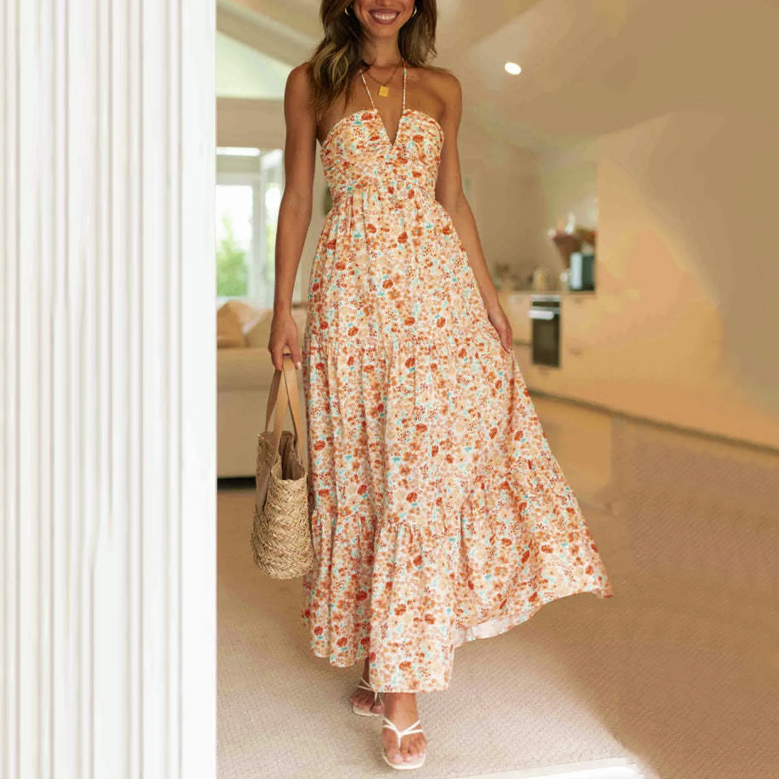 Summer Holiday Maxi Dress Women Spaghetti Strap V Neck Chic Sleeveless Floor Length Flowing Dresses Vacation Beach Long Dress - Image 3