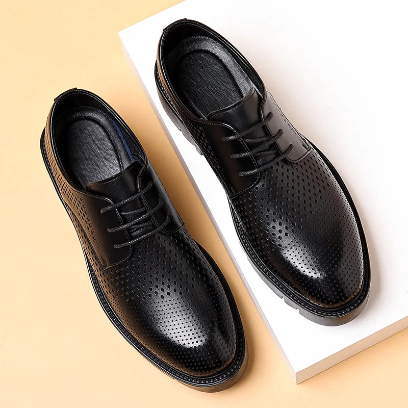 Spring Summer Increase Platform Shoes for Men Fashion Casual Black Dress Shoes Man Fashion Hallow Breathable Leather Shoe Male - Image 4