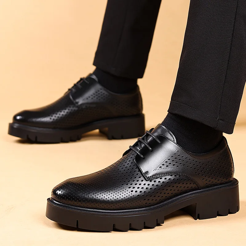 Spring Summer Increase Platform Shoes for Men Fashion Casual Black Dress Shoes Man Fashion Hallow Breathable Leather Shoe Male - Image 5
