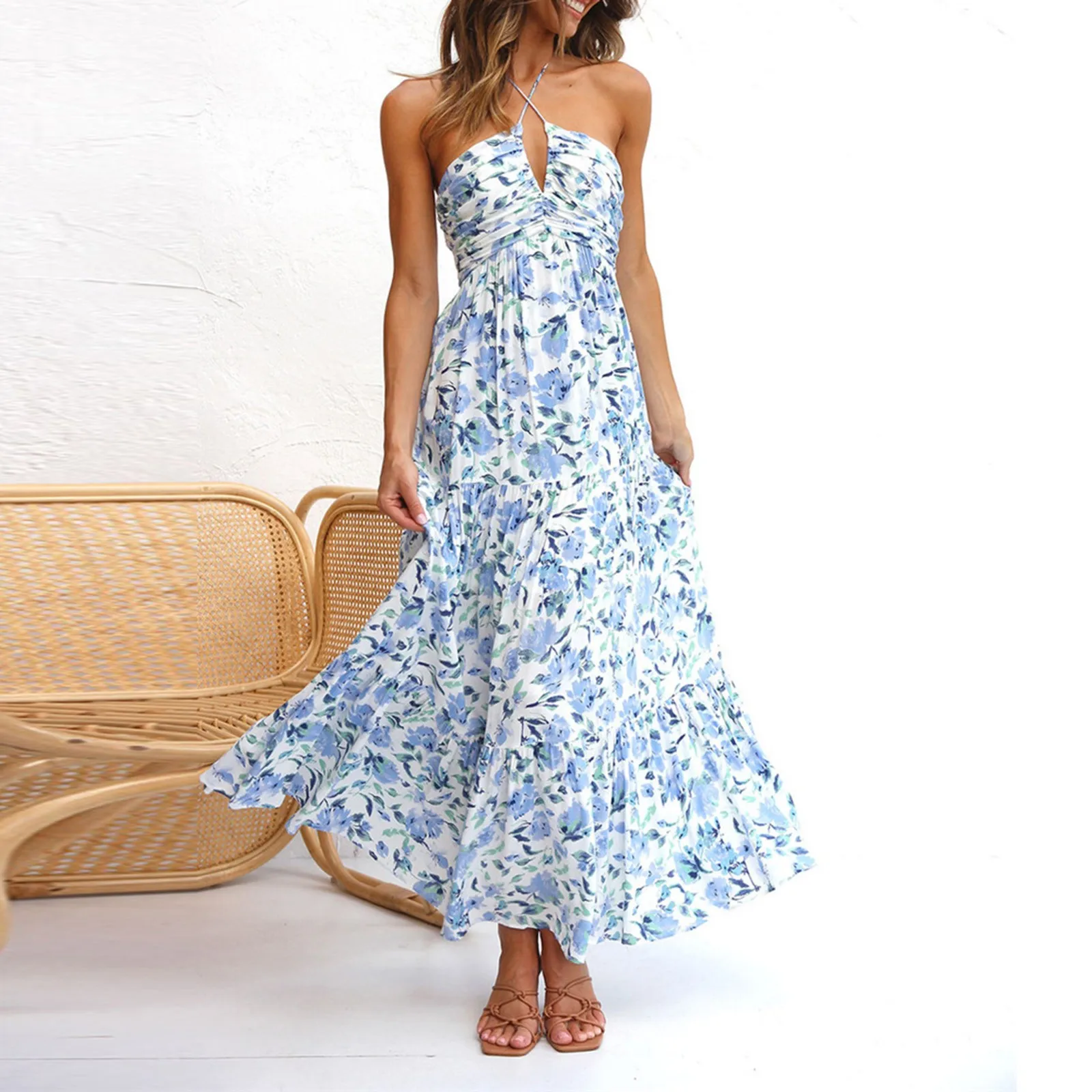 Summer Holiday Maxi Dress Women Spaghetti Strap V Neck Chic Sleeveless Floor Length Flowing Dresses Vacation Beach Long Dress - Image 5