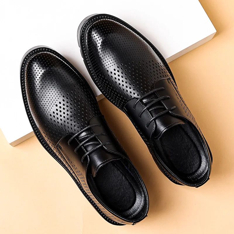 Spring Summer Increase Platform Shoes for Men Fashion Casual Black Dress Shoes Man Fashion Hallow Breathable Leather Shoe Male - Image 2