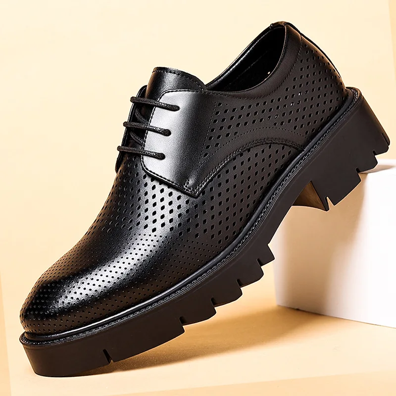 Spring Summer Increase Platform Shoes for Men Fashion Casual Black Dress Shoes Man Fashion Hallow Breathable Leather Shoe Male - Image 3