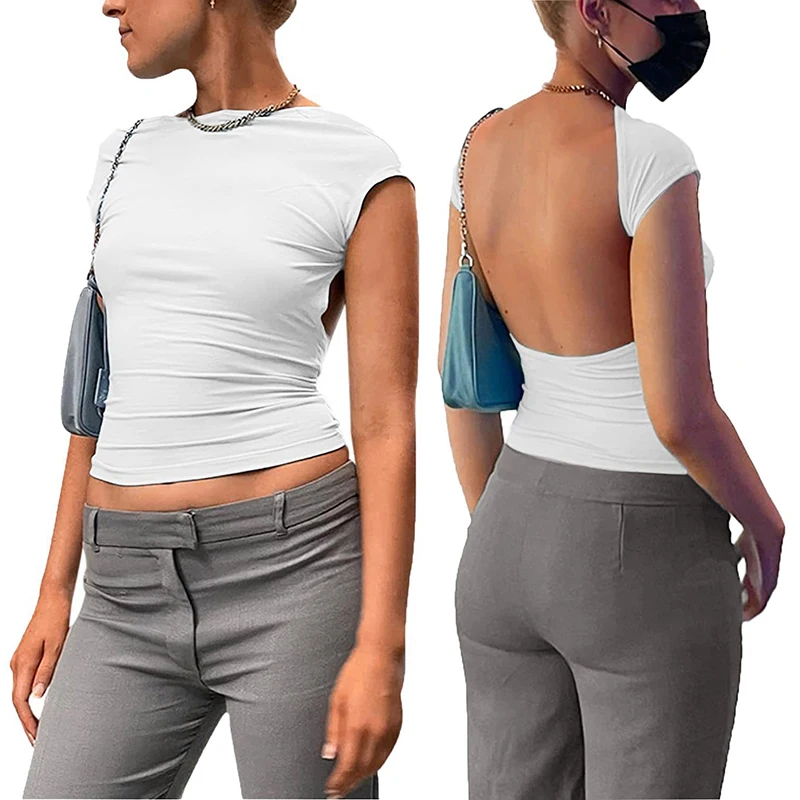 Black backless slim crop top—sexy short sleeve O-neck tee for summer streetwear and clubwear. Casual yet chic, perfect for bold fashion statements. - Image 26