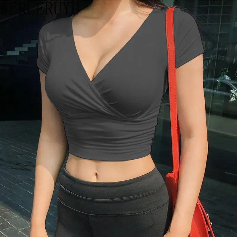 New Summer Black V-neck crop top—sexy short sleeve corset-inspired tee in Y2K streetwear style. Korean fashion slim fit for bold, trendy women’s looks. - Image 4