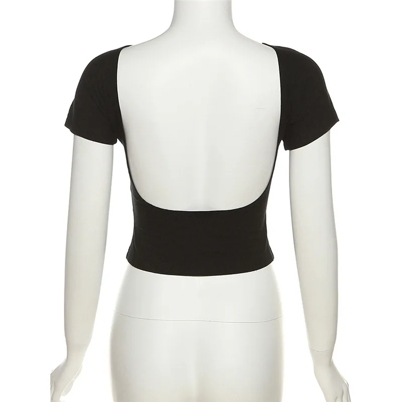 Black backless slim crop top—sexy short sleeve O-neck tee for summer streetwear and clubwear. Casual yet chic, perfect for bold fashion statements. - Image 45