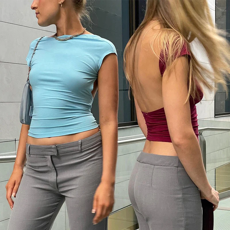 Black backless slim crop top—sexy short sleeve O-neck tee for summer streetwear and clubwear. Casual yet chic, perfect for bold fashion statements. - Image 32
