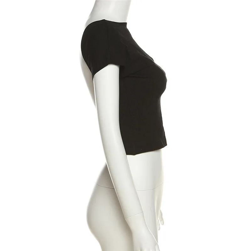 Black backless slim crop top—sexy short sleeve O-neck tee for summer streetwear and clubwear. Casual yet chic, perfect for bold fashion statements. - Image 44