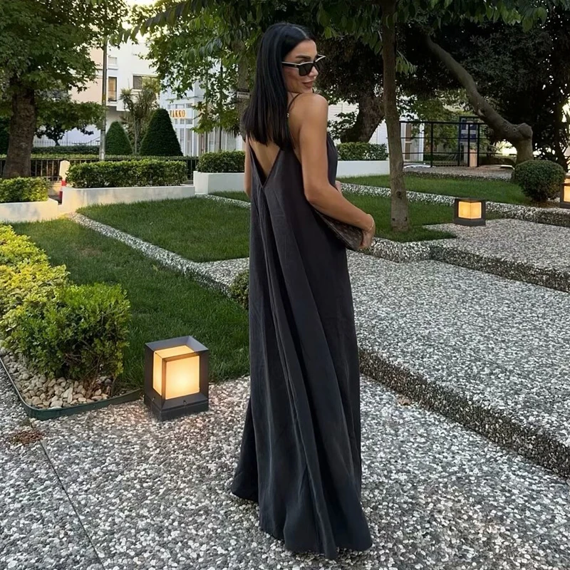 women 2026 Summer Maxi Dress – Black Slip & Red Draped Backless Style - Image 3