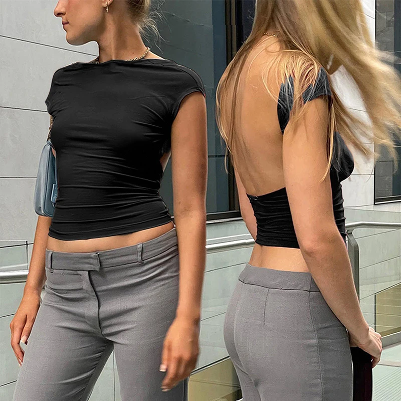 Black backless slim crop top—sexy short sleeve O-neck tee for summer streetwear and clubwear. Casual yet chic, perfect for bold fashion statements. - Image 3