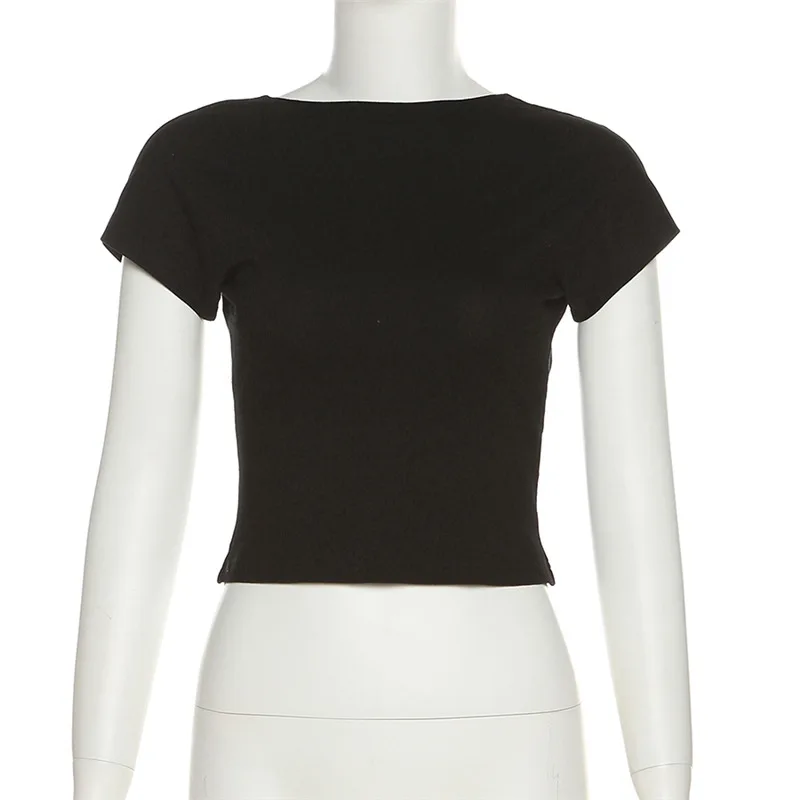 Black backless slim crop top—sexy short sleeve O-neck tee for summer streetwear and clubwear. Casual yet chic, perfect for bold fashion statements. - Image 43