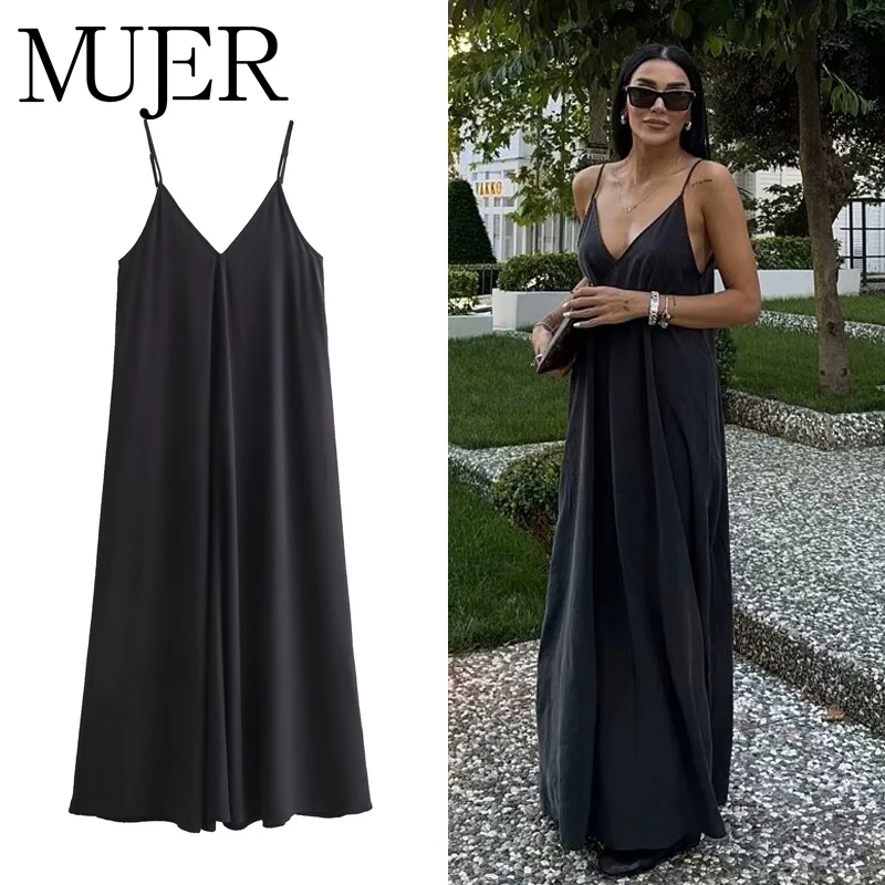 women 2026 Summer Maxi Dress – Black Slip & Red Draped Backless Style - Image 2